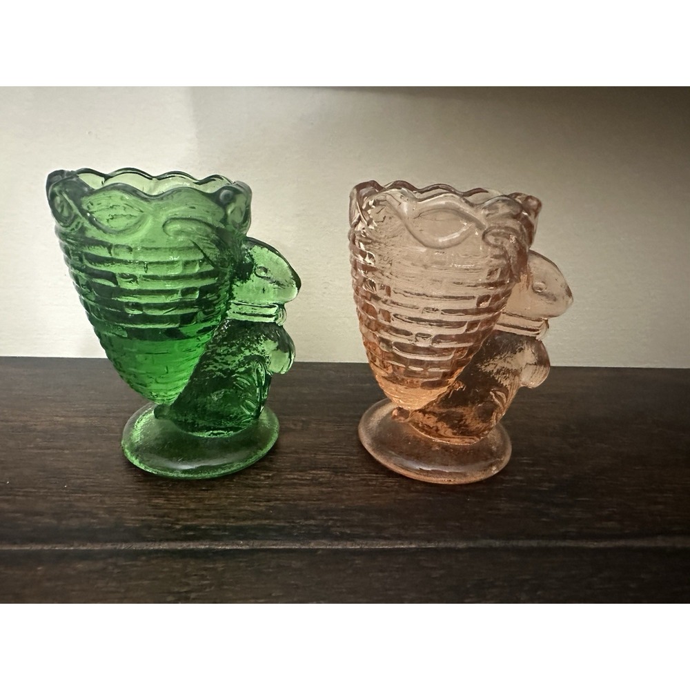 Vintage Fenton Glass Bunny Rabbit Basket Egg Cup Toothpick Holder Green Pink Set